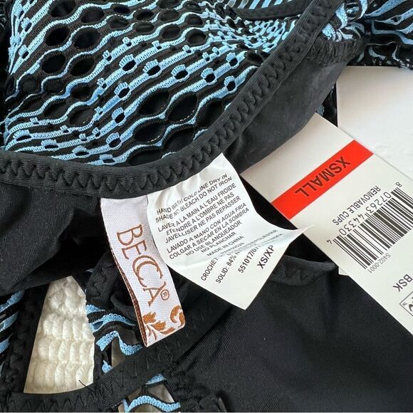 Becca Swimsuit One Piece Crochet Plunge Neck Blue and black Size XS New - Picture 7 of 7